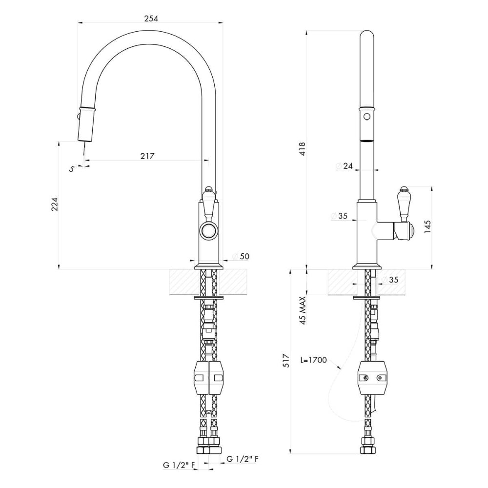 Technical Drawing Turner Hastings Ludlow Pull Out Mixer Tap with Metal Lever Handle - English Bronze LU116PM-S-EB - The Blue Space