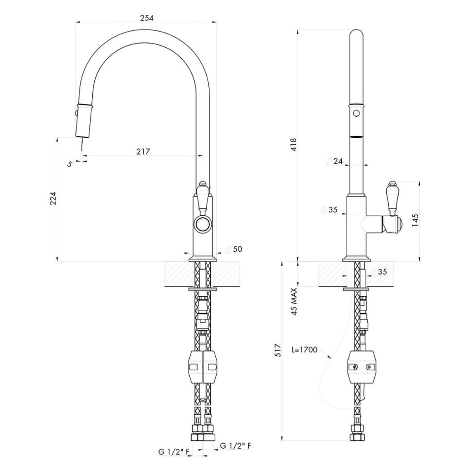 Turner Hastings Ludlow Pull Out Mixer Tap with Metal Lever Handle - English Bronze