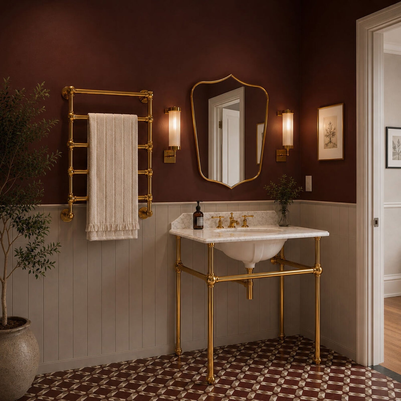 Lifestyle 2 Turner Hastings Mayer Shield 800x500mm Mirror - Brushed Brass MA410MR-BB - The Blue Space
