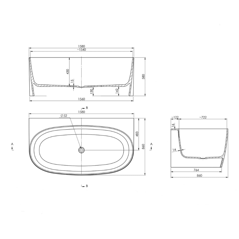 Turner Hastings Narva 158 x 86 MagnaCast Back To Wall Bath - Gloss White No Overflow
