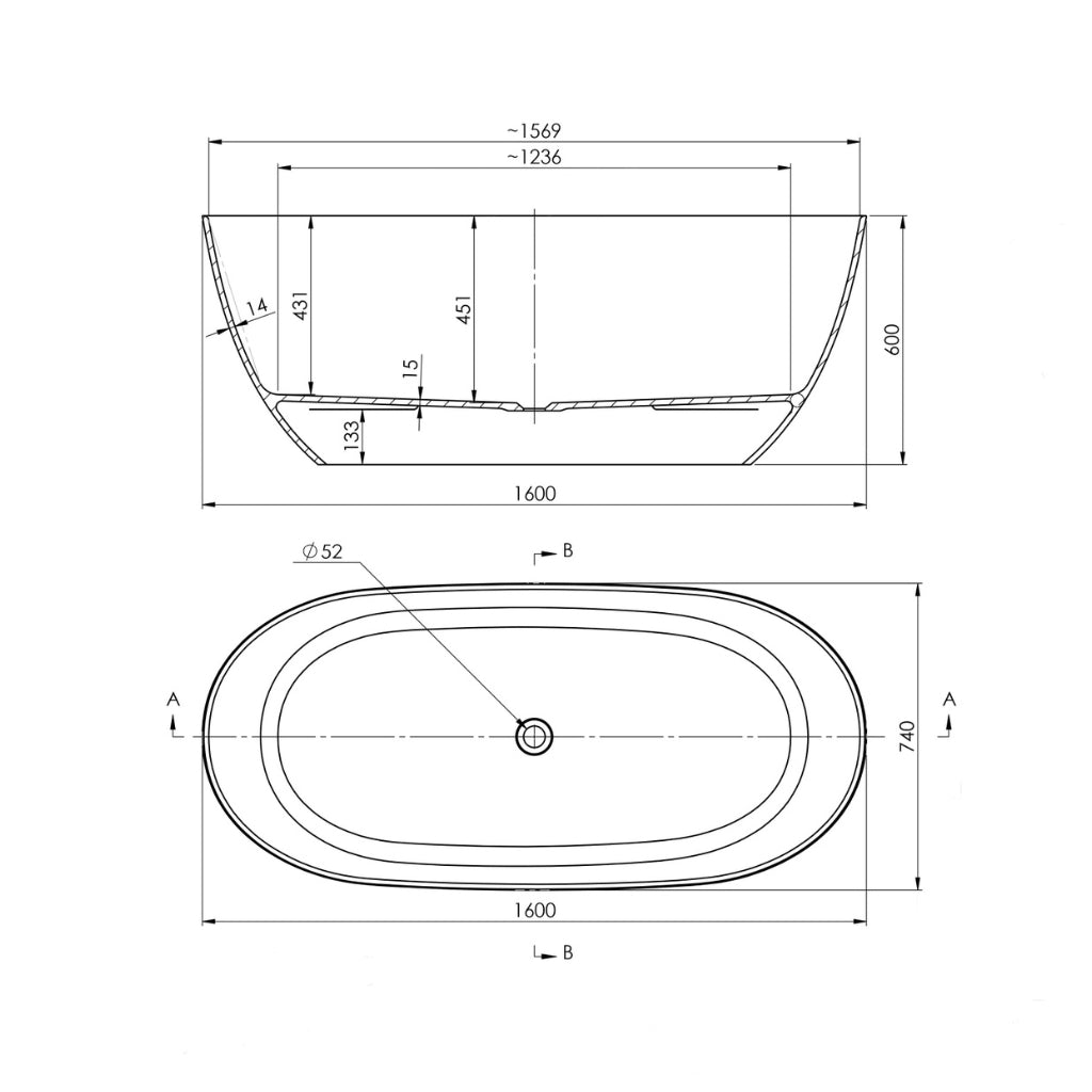 Technical Drawing Turner Hastings Narva 160 x 74 MagnaCast Free Standing Bath - Gloss White with Overflow NA1600MCB-GW-OF - The Blue Space