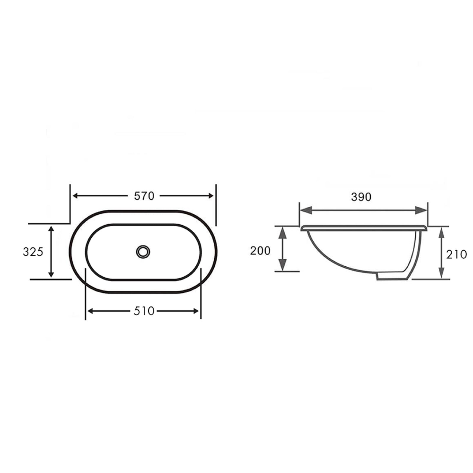 Technical Drawing Turner Hastings Narva 57x 39 Undercounter Pill Basin - Gloss White NA571UPB-GW - The Blue Space