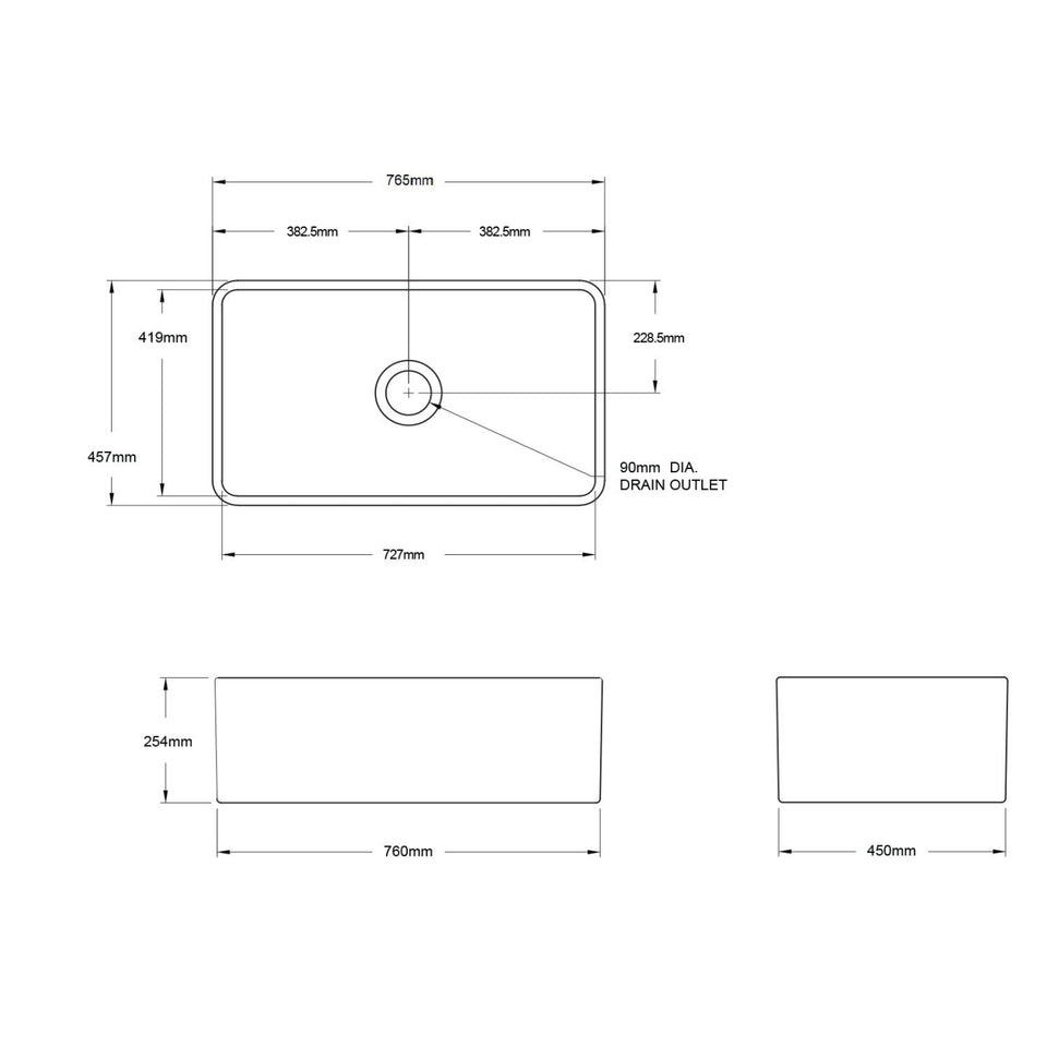 Turner Hastings Novi 75 x 46 Fireclay Single Butler Sink, Universal Flat or Ribbed