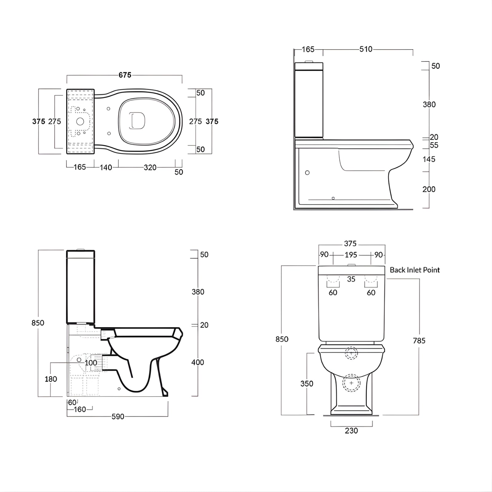 Technical Drawing Turner Hastings Stafford Back To Wall Toilet Suite - Gloss White With Chrome Hinges ST675BTW-GW - The Blue Space