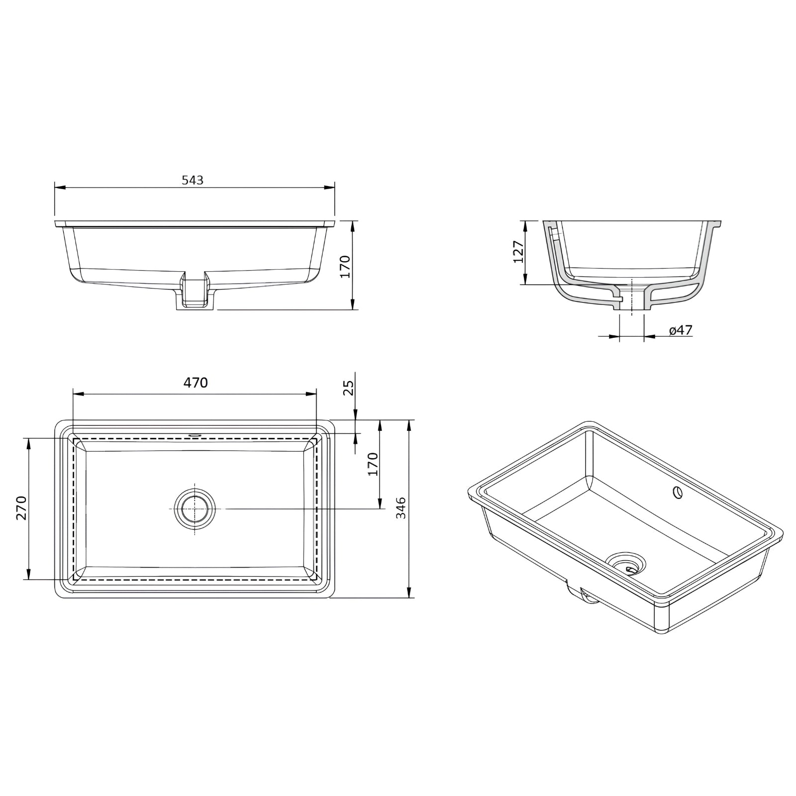 Technical Drawing Turner Hastings Standard Agres 53x34 Under Counter Basin - Matte Black 118371-MB - The Blue Space