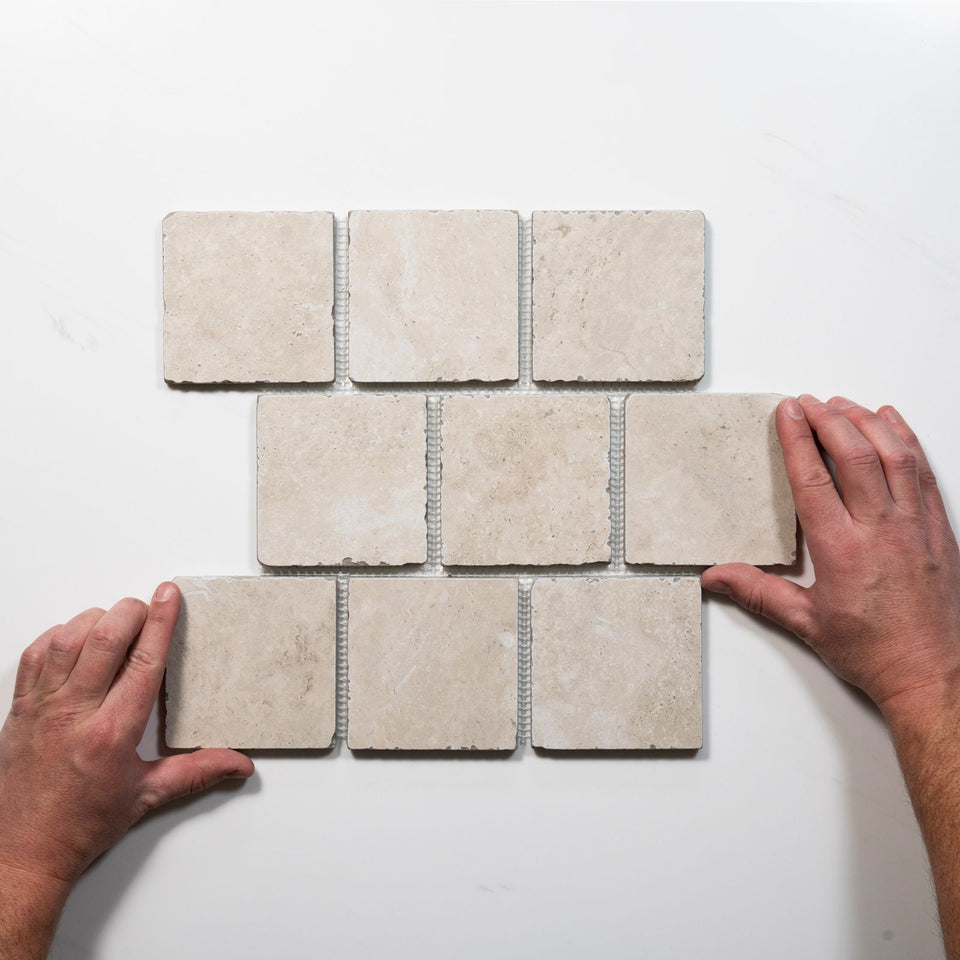 Valerie Cream Travertine Brick Bond Cobblestone Porcelain Tile Sheets