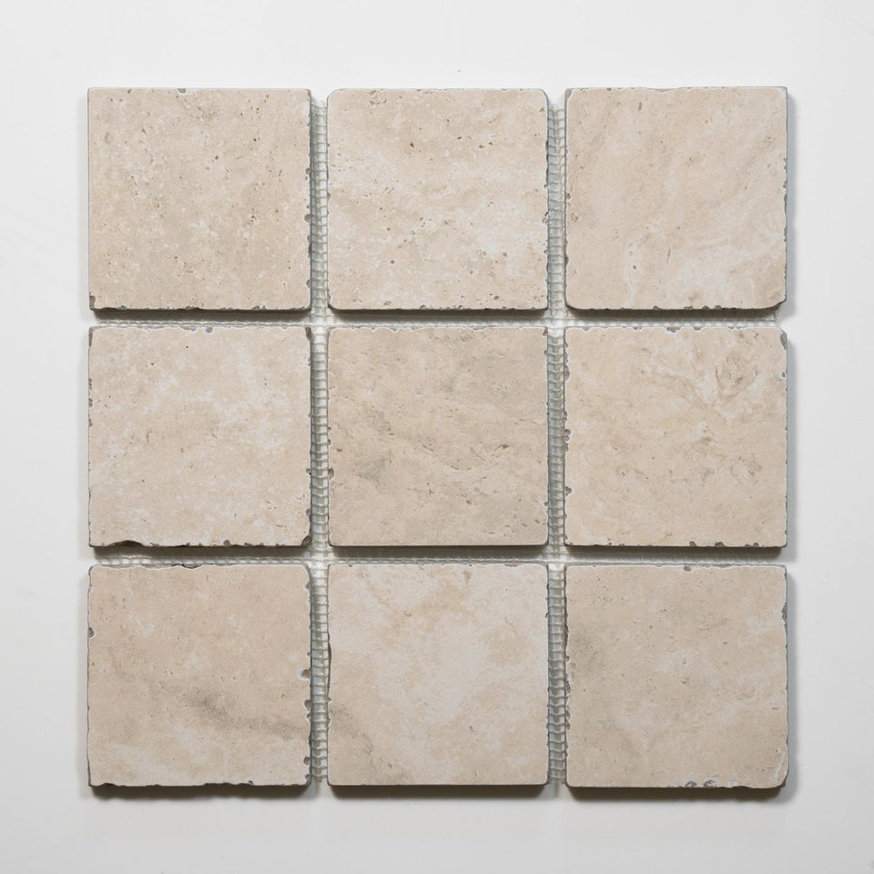Valerie Cream Travertine Straight Bond Cobblestone Porcelain Tile Sheets