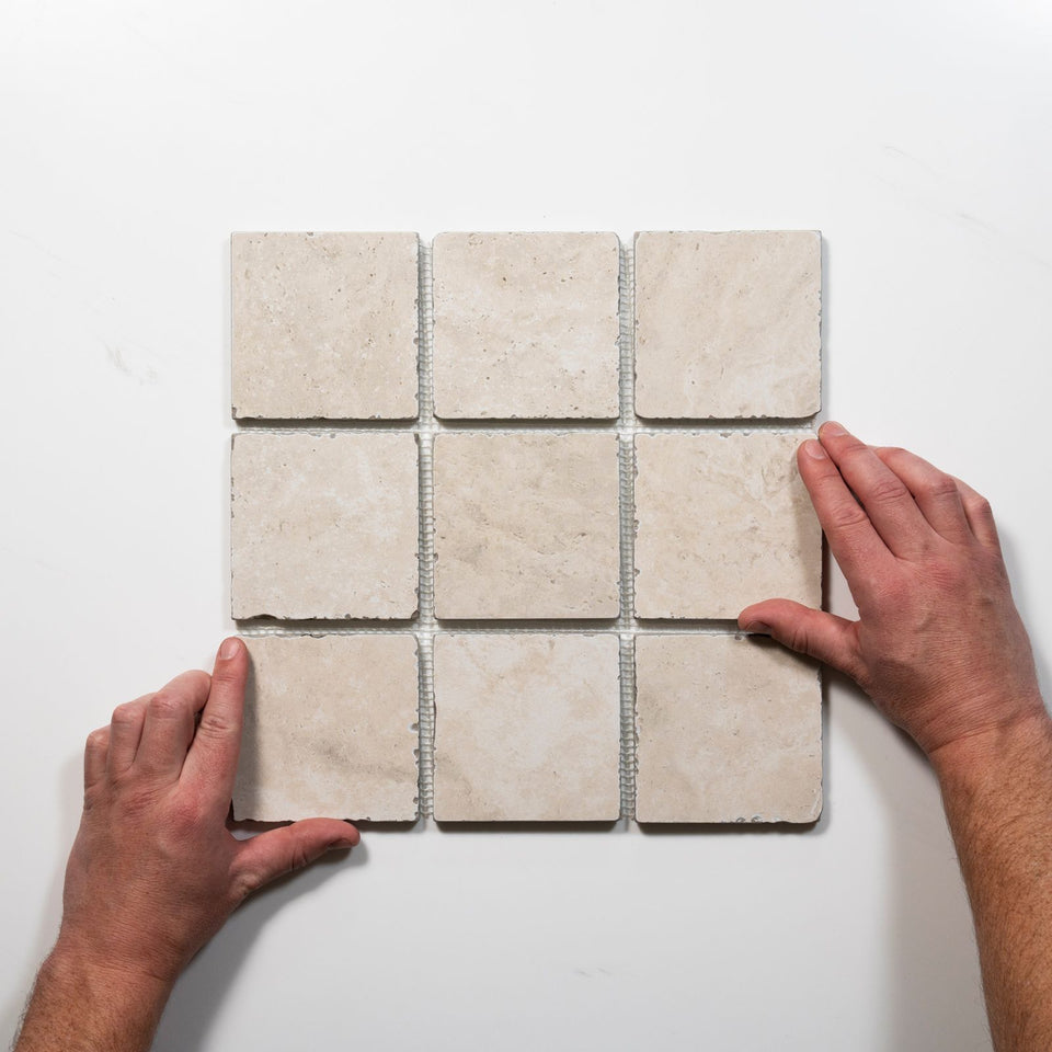 Valerie Cream Travertine Straight Bond Cobblestone Porcelain Tile Sheets