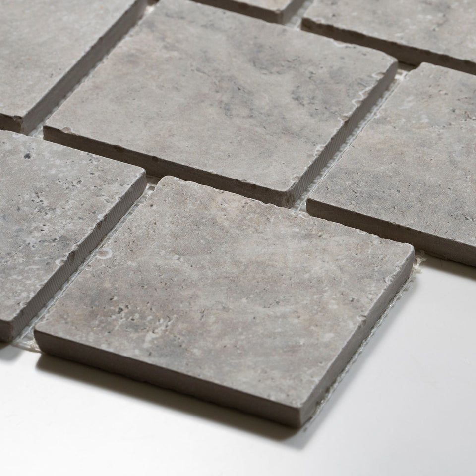 Valerie Grey Travertine Brick Bond Cobblestone Porcelain Tile Sheets