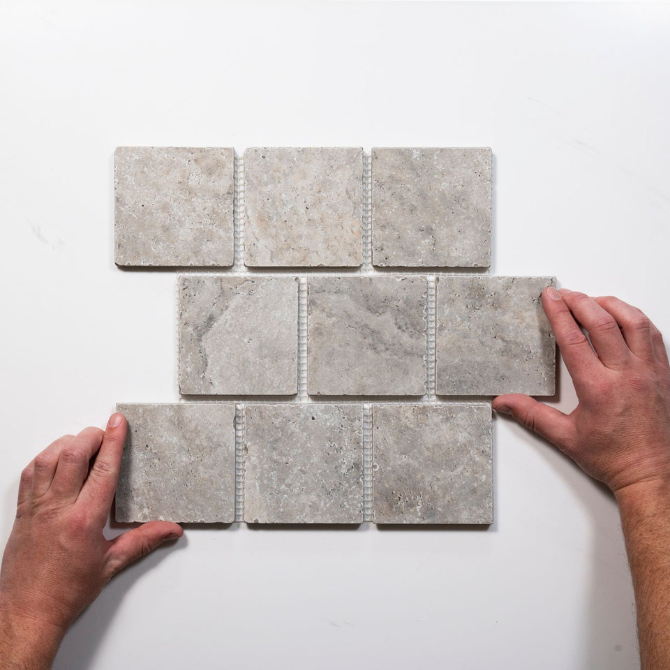 Valerie Grey Travertine Brick Bond Cobblestone Porcelain Tile Sheets