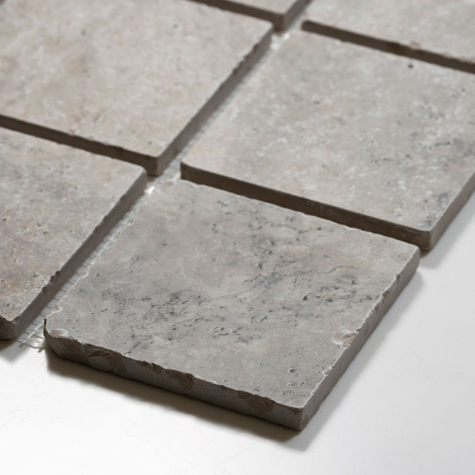 Valerie Grey Travertine Straight Bond Cobblestone Porcelain Tile Sheets