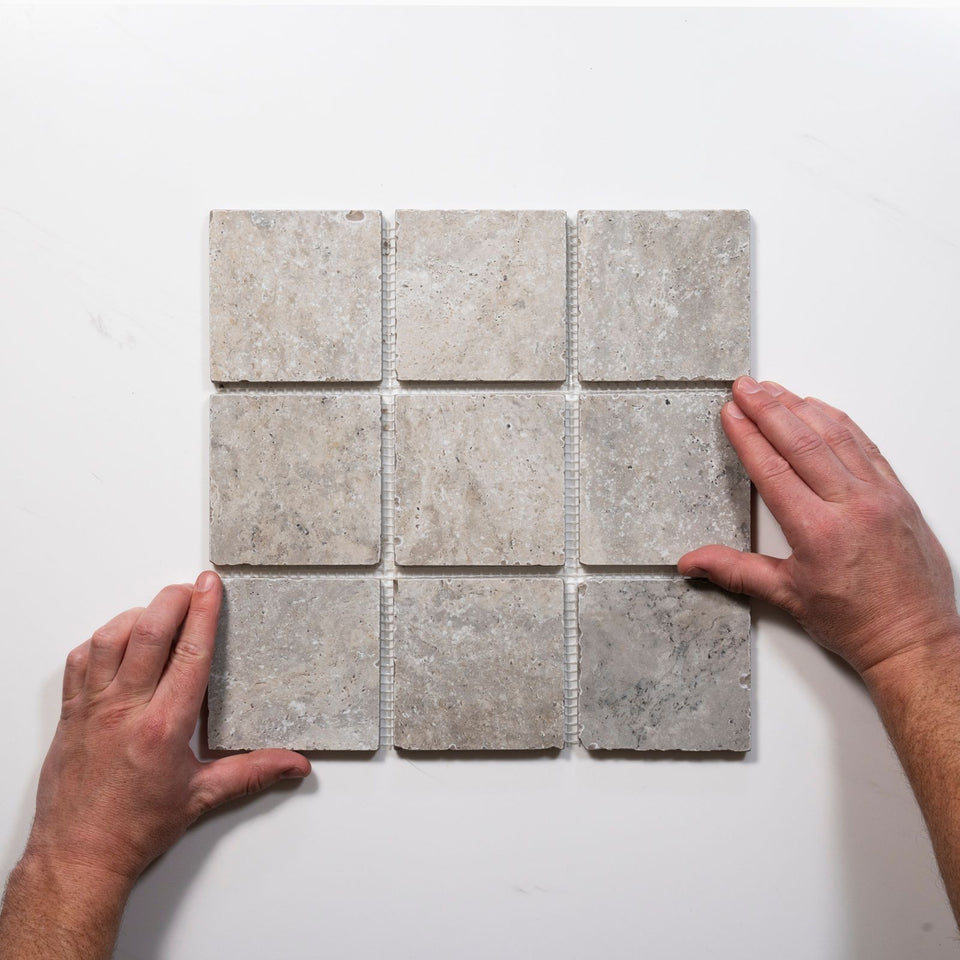 Valerie Grey Travertine Straight Bond Cobblestone Porcelain Tile Sheets