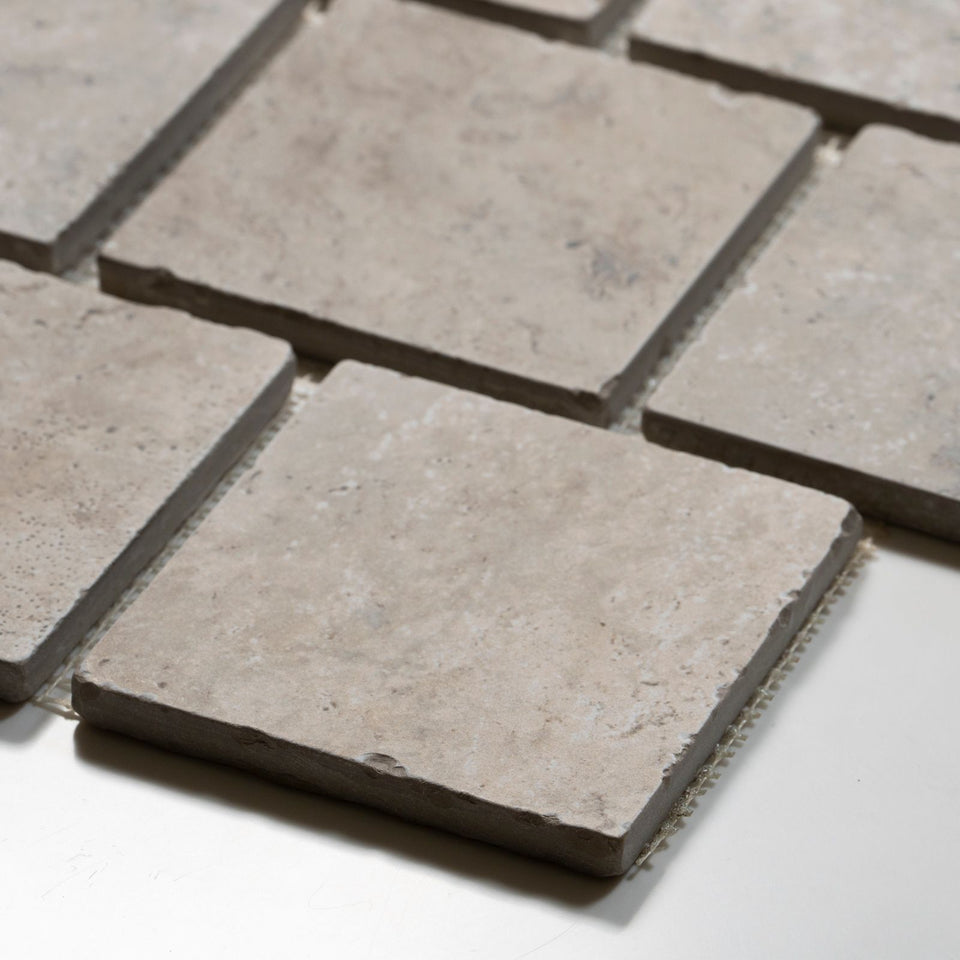 Valerie Ivory Travertine Brick Bond Cobblestone Porcelain Tile Sheets