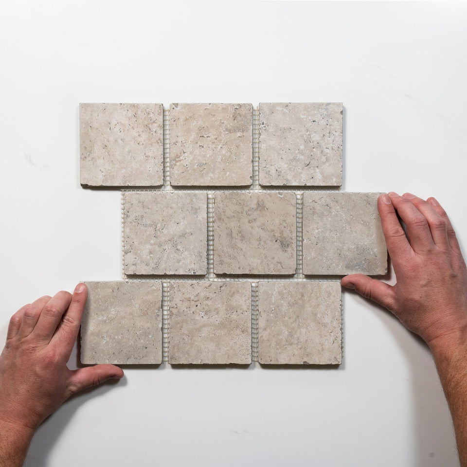 Valerie Ivory Travertine Brick Bond Cobblestone Porcelain Tile Sheets