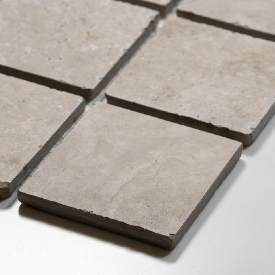 Valerie Ivory Travertine Straight Bond Cobblestone Porcelain Tile Sheets