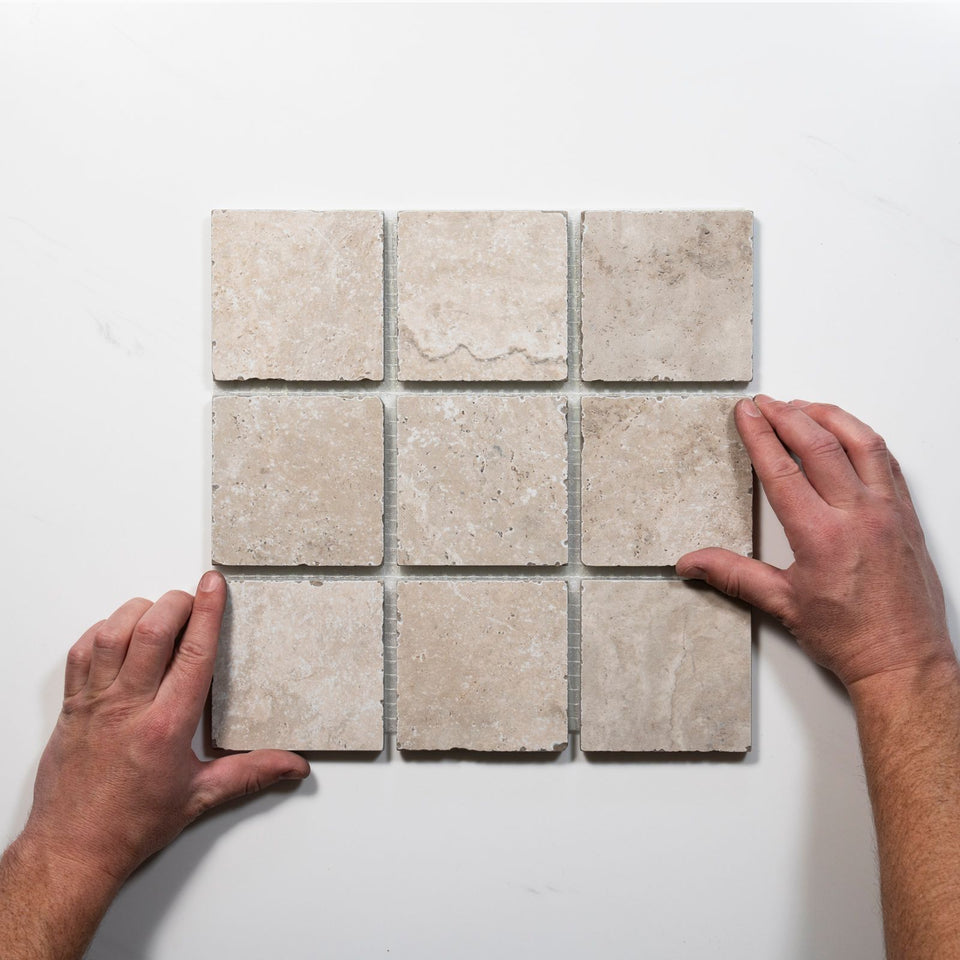 Valerie Ivory Travertine Straight Bond Cobblestone Porcelain Tile Sheets