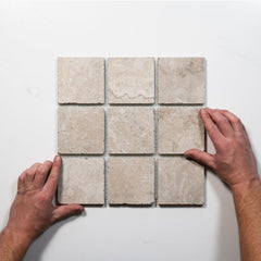 Valerie Ivory Travertine Straight Bond Cobblestone Porcelain Tile Sheets