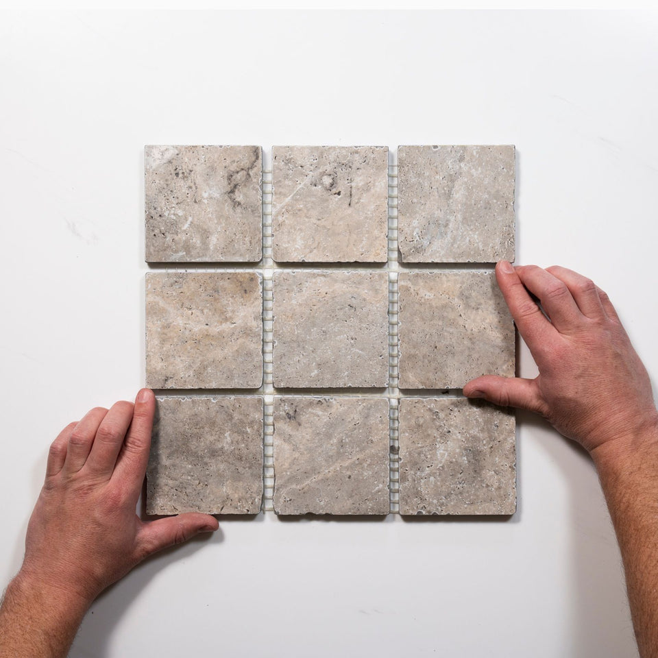 Valerie Rustic Travertine Straight Bond Cobblestone Porcelain Tile Sheets