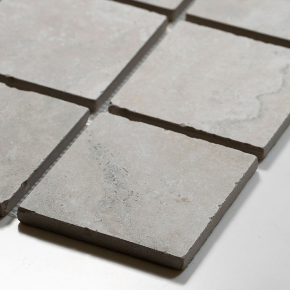 Valerie Silver Travertine Straight Bond Cobblestone Porcelain Tile Sheets