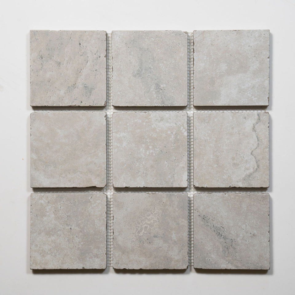Valerie Silver Travertine Straight Bond Cobblestone Porcelain Tile Sheets