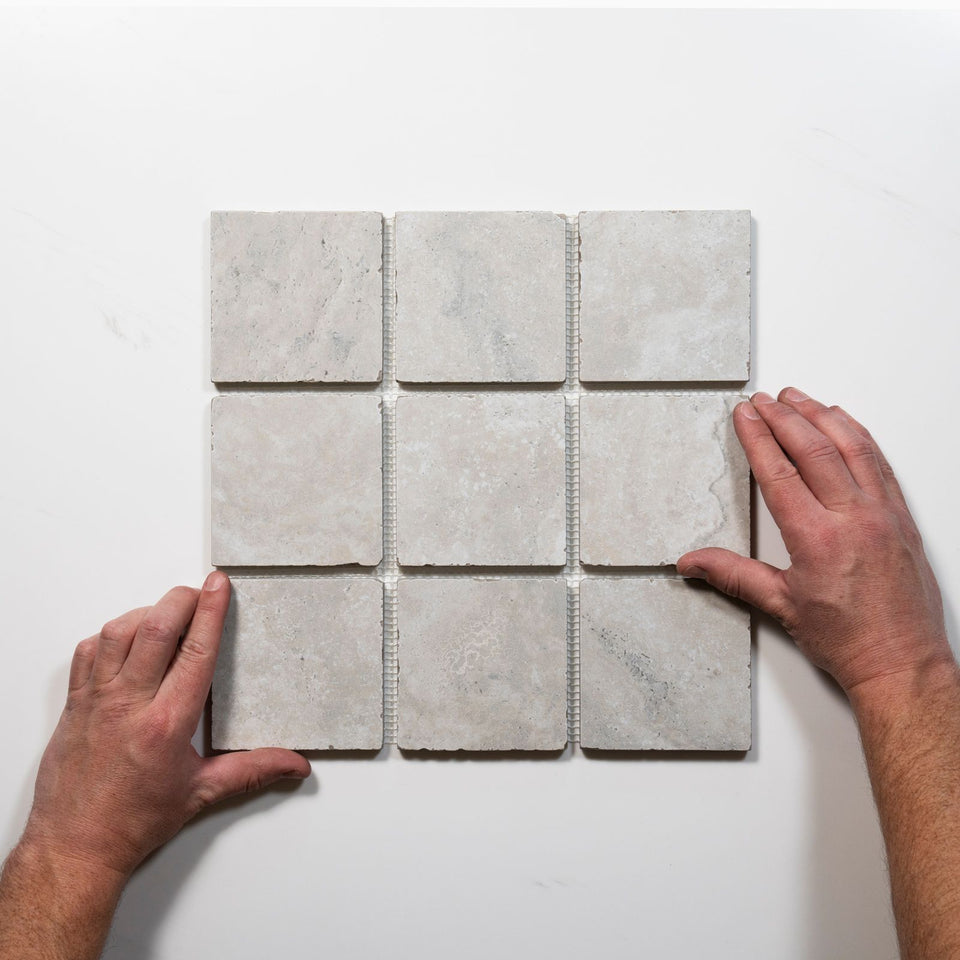 Valerie Silver Travertine Straight Bond Cobblestone Porcelain Tile Sheets