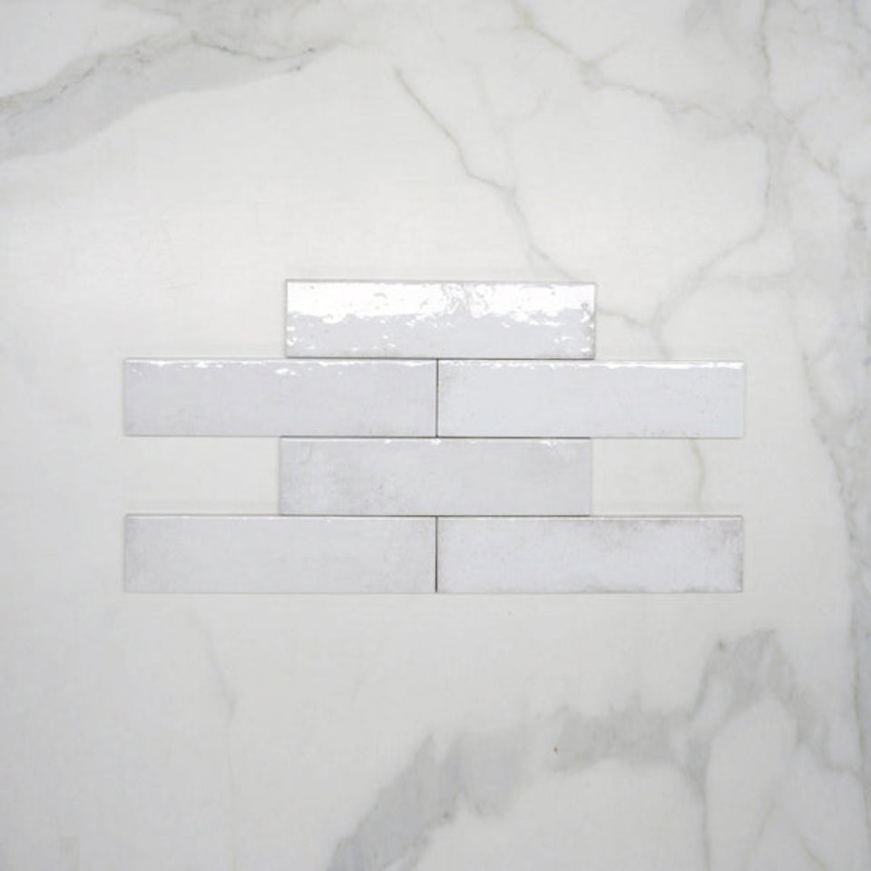 White Andrea Subway Tile Textural Gloss 75 x 300 x 8mm Italian Porcelain