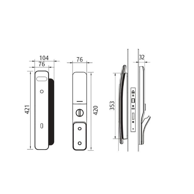 Line Drawing Yale Luna Pro+ Smart Push/Pull Mortice Lock with Yale Home Module Champagne Gold YLN/60/HK/NG - The Blus Space