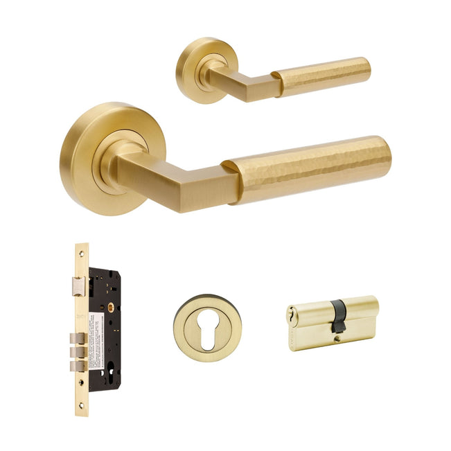 Set Zanda Zurich Hammered 70mm Key/Key Entrance Lever Set Satin Brass 9335.E3.SB - The Blue Space