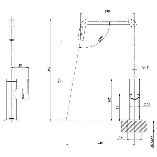 Phoenix Mekko Sink Mixer 190mm Squareline -Brushed Nickel