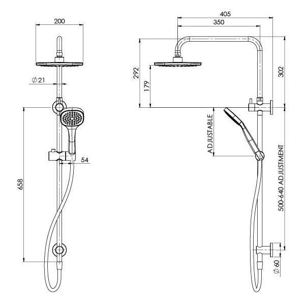 Technical Drawing - Phoenix Teva Twin Shower  - The Blue Space