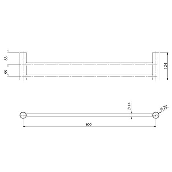 Phoenix Vivid Slimline Double Towel Rail 600mm Matte Black Technical Drawing - The Blue Space