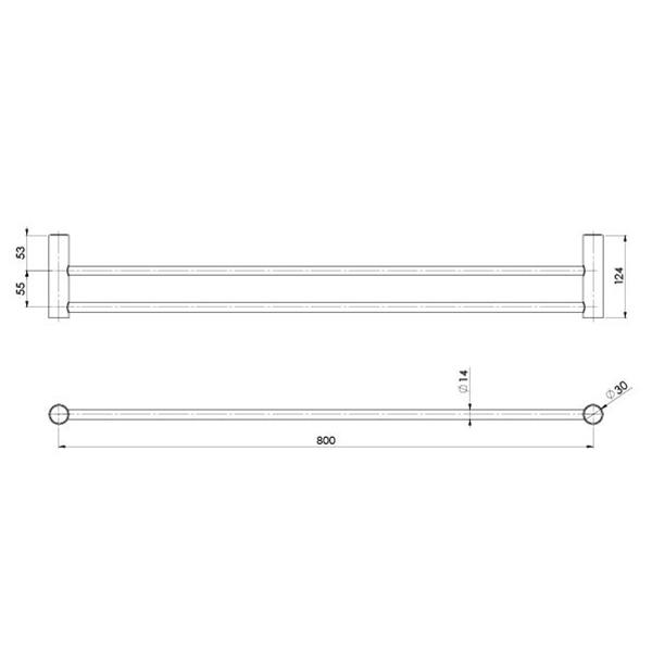 Phoenix Vivid Slimline Double Towel Rail 800mm Matte Black Technical Drawing - The Blue Space