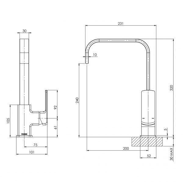 Phoenix Teva Sink Mixer 200mm Squareline Matte Black