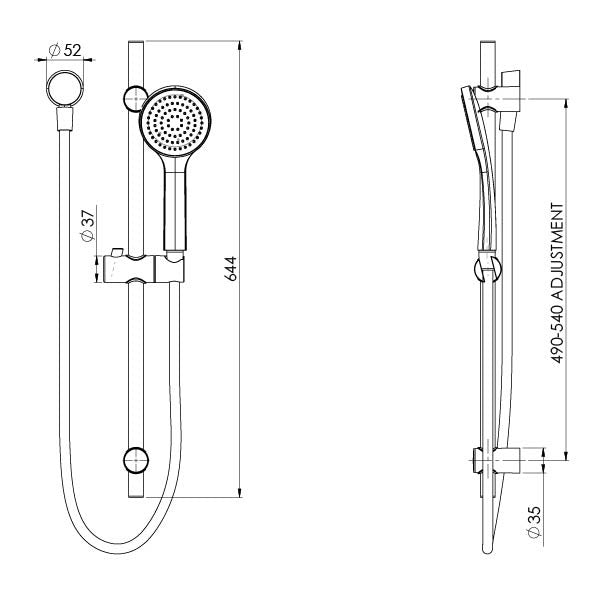 Pina Rail Shower Matte Black Phoenix Builders Range Technical Drawing - The Blue Space