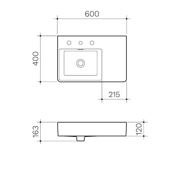 Clark Square Wall Basin Right Hand Shelf 600mm One Taphole