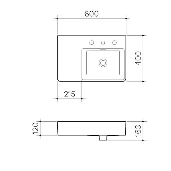 Clark Square Wall Basin Left Hand Shelf 600mm Three Tapholes - dimensions