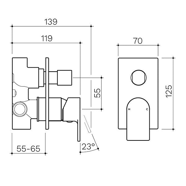 Clark Round Square Wall Mixer with Diverter - Chrome - dimensions