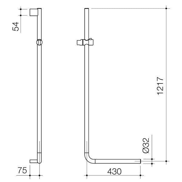 Caroma Opal Support VJet Shower with 90 Degree Rail - Left and Right - Matte Black