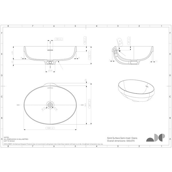 ADP Ozera 495 x 385 Semi Inset Solid Surface Basin White