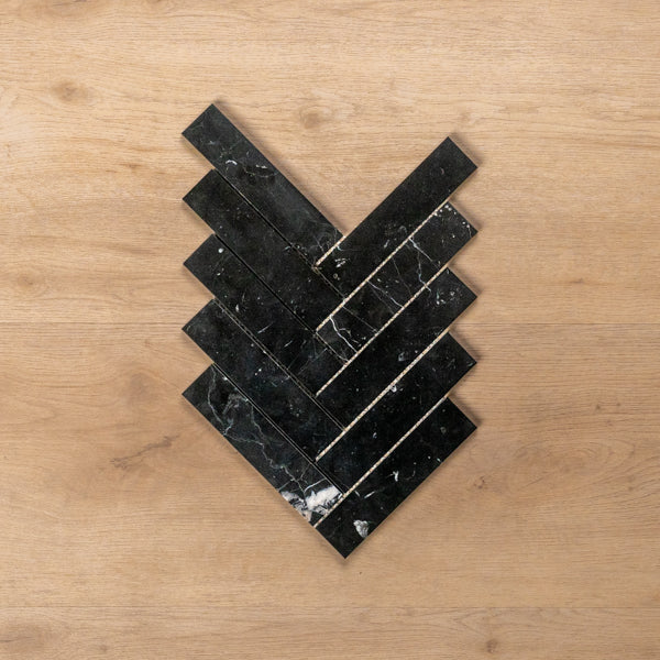 Cottesloe Nero Marquina Herringbone Honed Marble Mosaic Tile 35x150mm