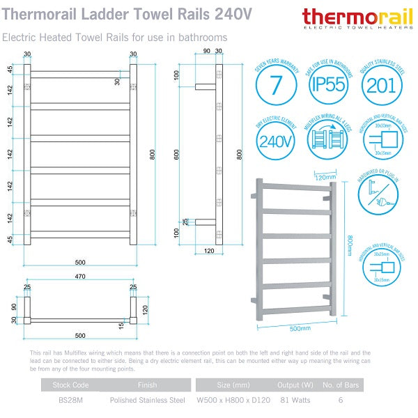 Thermorail 6 Bar Square Heated Towel Ladder 500w x 800h - Polished SS