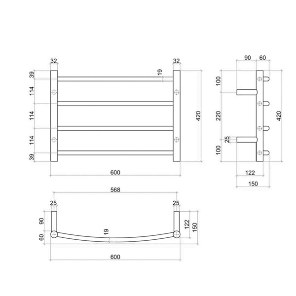 Thermogroup 4 Bar Thermorail Curved Heated Towel Ladder 600mm