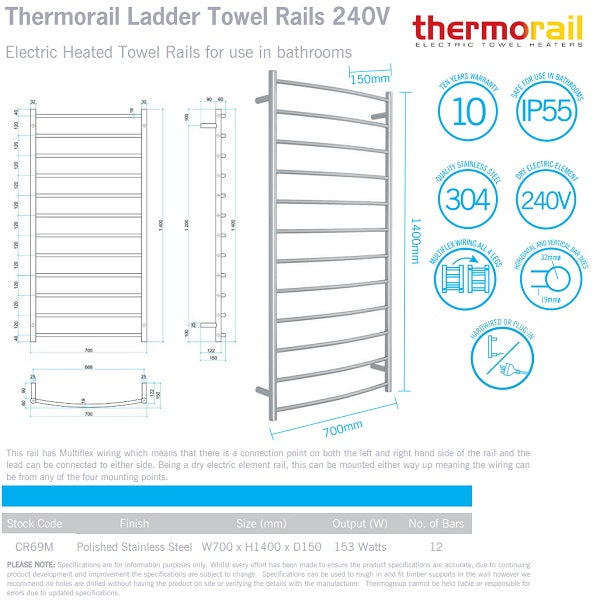 Thermogroup Thermorail 12 Curved Bar Heated Towel Ladder 700w x 1400h - Polished SS