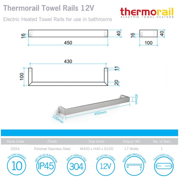 Thermorail 12V Square Single Bar Heated Rail 450mm - Polished SS