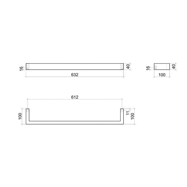 Thermogroup Non-Heated Towel Rail 632mm Matte Black Technical Drawing - The Blue Space