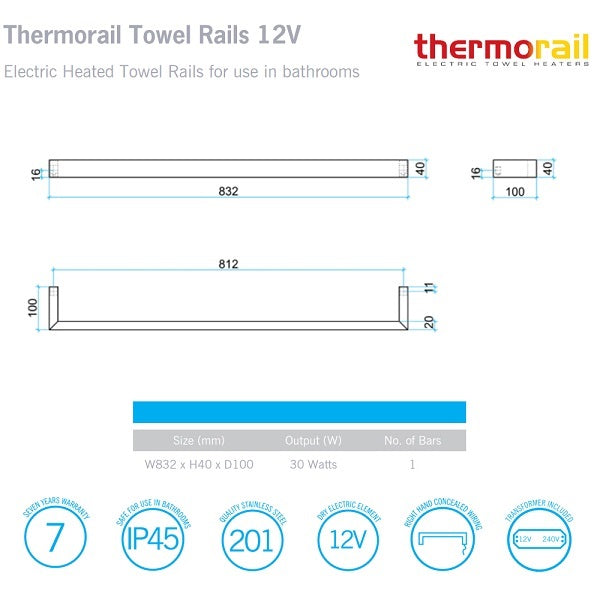 Thermorail Square Heated Single Rail 832mm - Matte Black