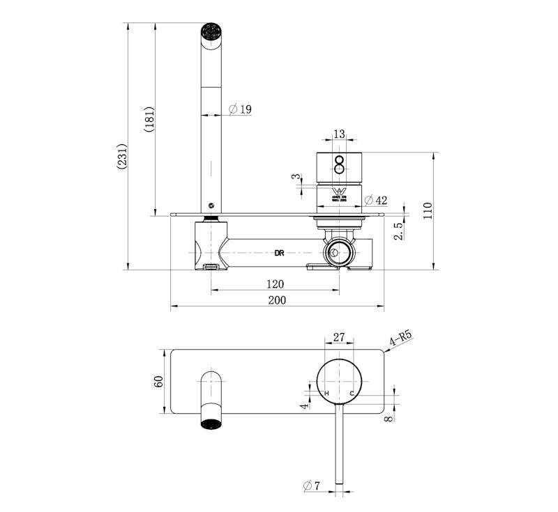Technical Drawing: Star Mini Wall Combination Chrome