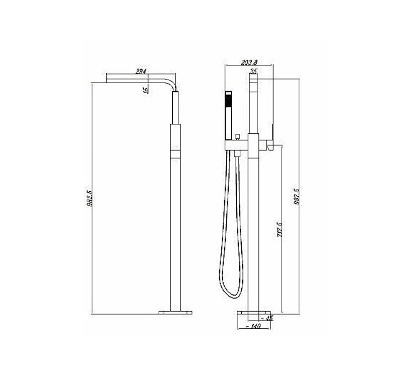 Technical Drawing: Chao Square Floor Mixer with Hand Shower Matte Black