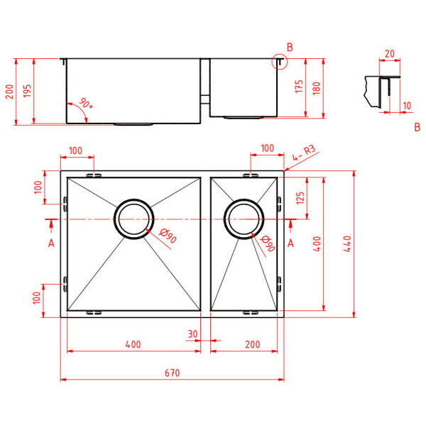 Technical Drawing: 1 & 1/2 Double Bowl Sink, Square Corner Round Waste