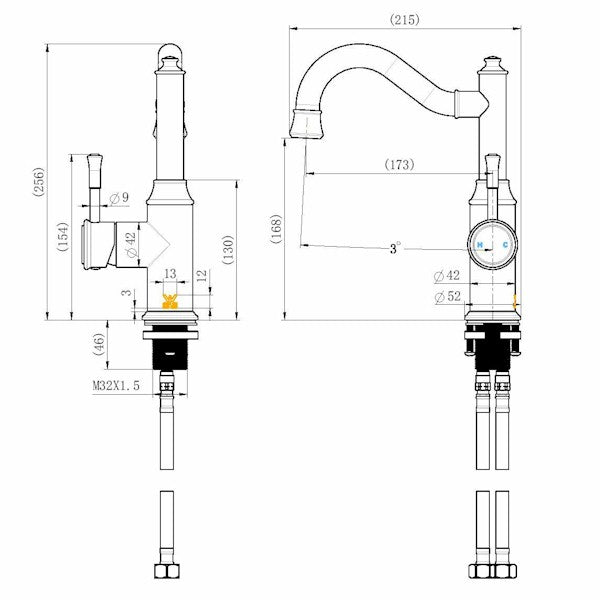 Technical Drawing: Montpellier High Rise Basin Mixer Brushed Nickel